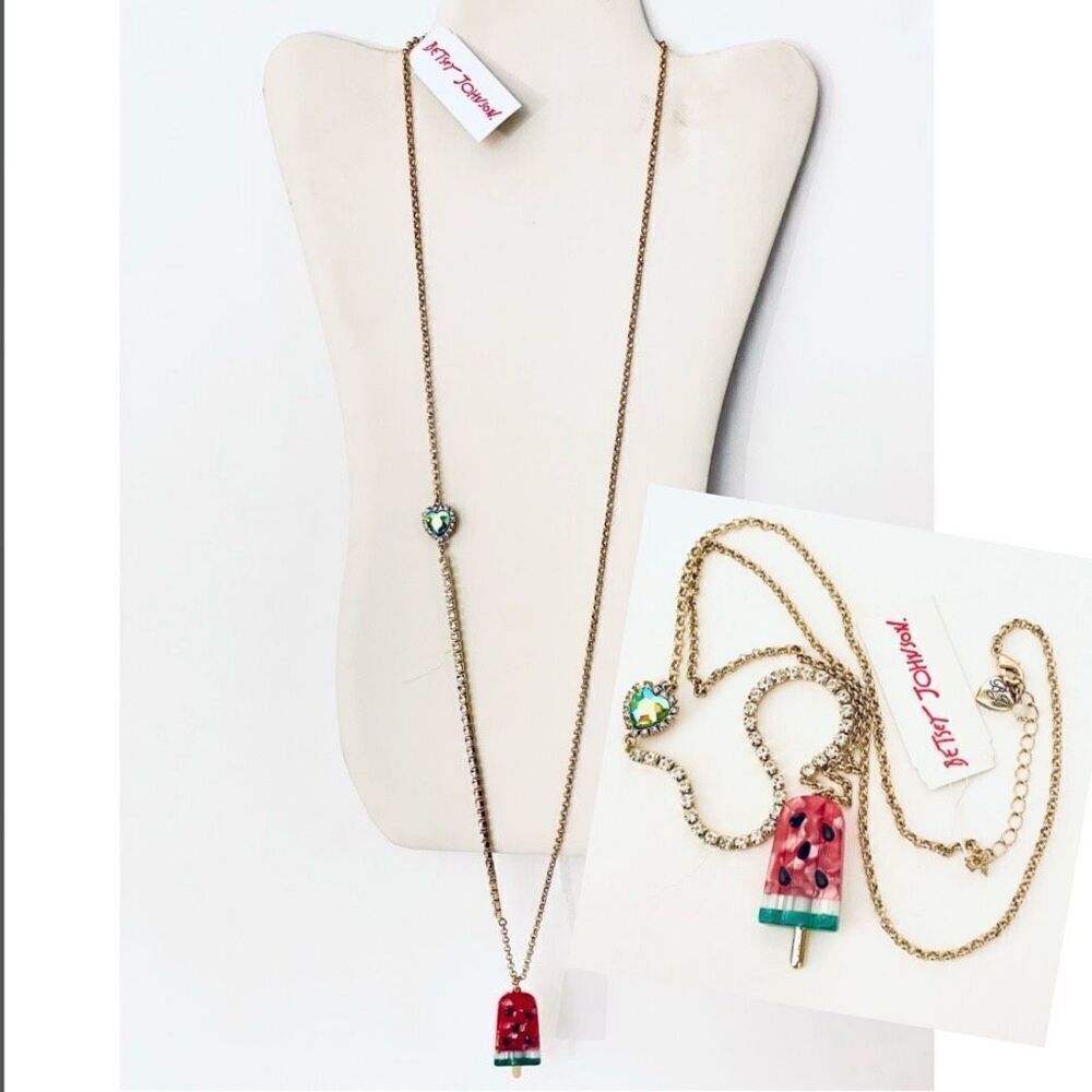 NWT  Gorgeous Betsey Johnson Watermelon Pendant Long Gold Bling Heart Necklace